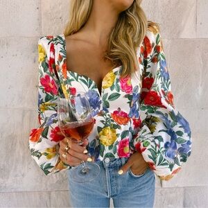 Show Me Your Mumu Lover Top Sz L White Floral Peony Puff Sleeve Crop Blouse